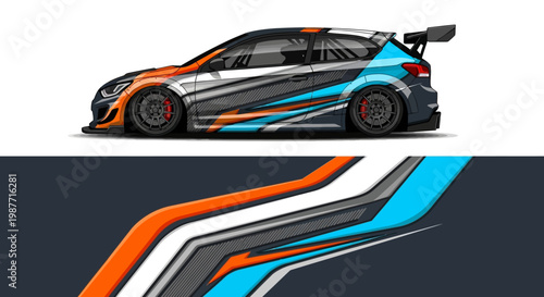 Side view of a vibrant race car with bold blue orange white racing stripes and spoiler.