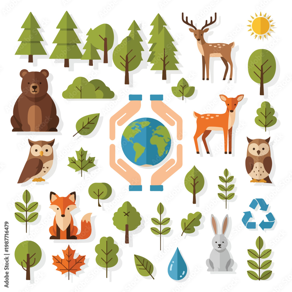Obraz premium Nature Conservation Vector Set with Forest Animals Leaves and Environmental Elements Flat Design