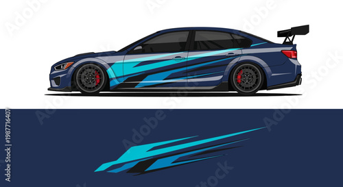 Side profile of a blue teal sports coupe with futuristic decals and sleek aerodynamic styling for a high-speed transport concept.