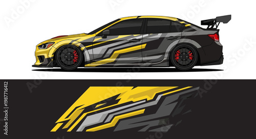 Stylized yellow and black race car illustration with sharp graphics and spoiler.