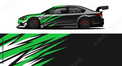 Sleek green and black racecar profile with bold graphic accents and aerodynamic design.