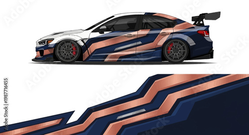 Side profile of a blue and orange racecar with bold abstract livery on a track.