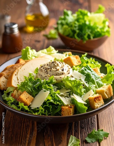 A vibrant Caesar salad boasts romaine lettuce, grilled chicken, croutons, and shaved Parmesan cheese in a dark ceramic bowl. A bottle of oil sits in the background