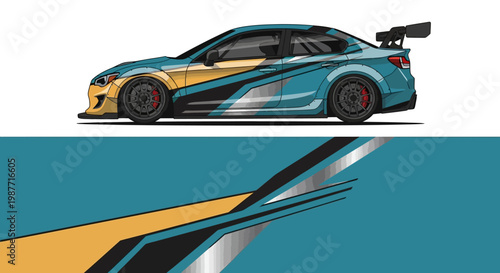 Dynamic illustration of a blue teal yellow sports car with aerodynamics and glossy finish.