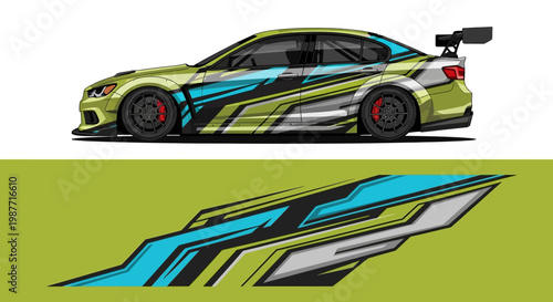 Colorful Racing Car Graphic with Abstract Livery and Dynamic Stripes.