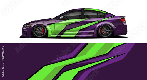 Vivid purple and lime racing car with bold angular livery, side profile view on glossy finish.