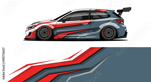 Stylized side view of a race car with red blue accents and dynamic lines.