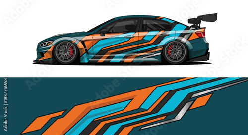 Sleek race car with blue and orange geometric livery, side profile view.
