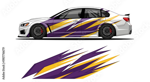 Side view of a white sports car with purple and yellow abstract racing livery and decals.