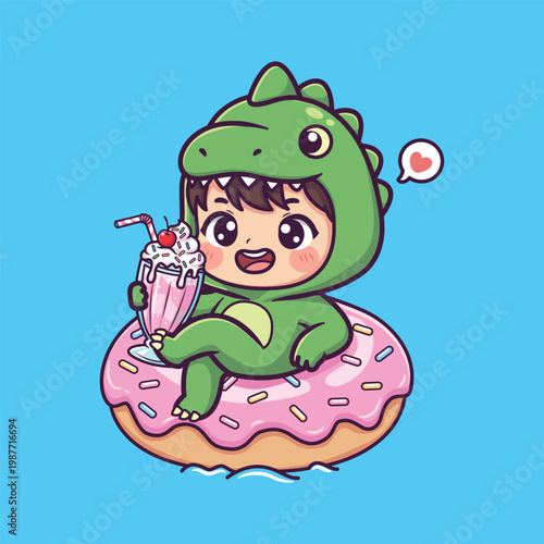 Cute Child in Dinosaur Costume Sitting on Donut Float with Milkshake Vector Illustration