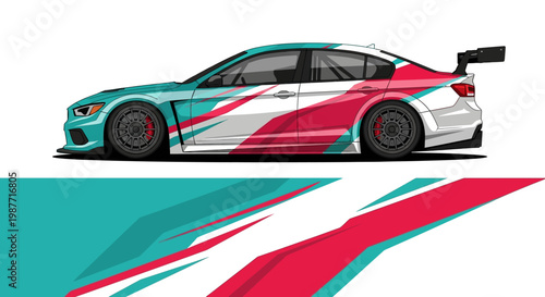 Stylized race car illustration with bold color stripes and dynamic background.