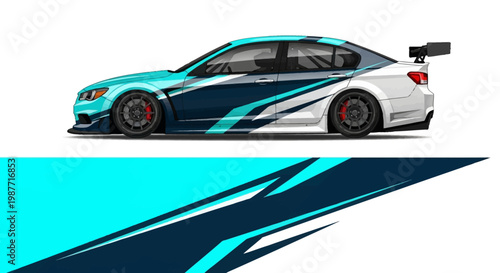 Side view of a blue teal racing car with dynamic decals and aerodynamic design.