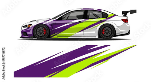 Vibrant Purple Lime Racecar Livery with Neon Stripes and Aerodynamic Design for Track Performance.