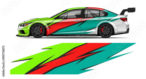 Vibrant color racing car side view with bold geometric abstract accents and bright brushstroke graphics.