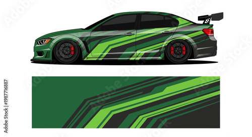 Green sports car with racing graphics and dynamic stripe design displayed on a promotional banner.