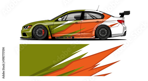 High speed race car with bold orange and green graphics on track.