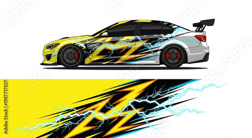 High-speed race car with bold yellow blue livery and dynamic design.