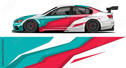 Stylized Teal and Red Race Car Illustration with Dynamic Geometric Livery and Speed Motifs.