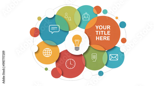 Colorful speech bubbles forming a cheerful conversation cluster with icons. Vector