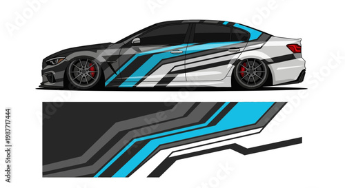 Side view of a race car featuring blue black white graphic wrap with bold stripes and dynamic design.