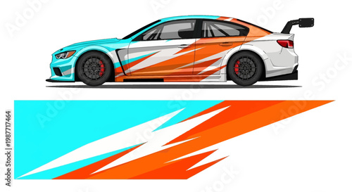 Vector illustration of a bold race car with blue and orange graphics and dynamic swoosh accents.