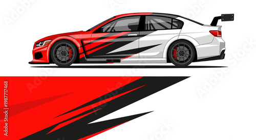 Bright red and black race car illustration with bold graphic design and dynamic motion.