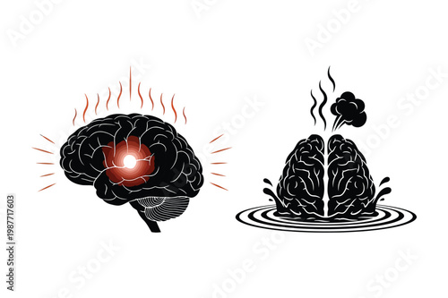 Brain overheating and brain with spotlight concept illustrations, black and whit