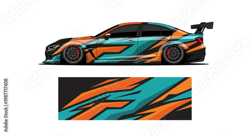 Sleek Teal and Orange Striped Sports Car Illustration.