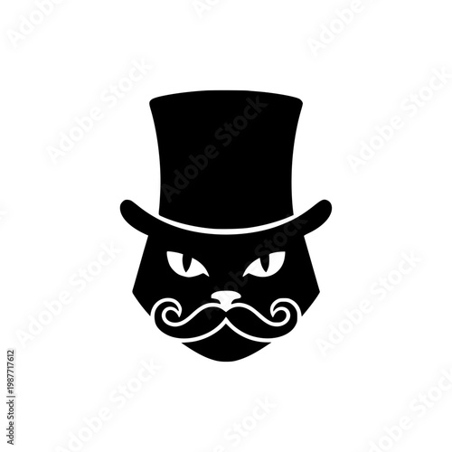 Black cat mascot logo with top hat and mustache in flat vector style