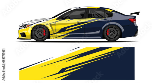Dynamic blue and yellow racing car with bold stripe graphic art and sleek design in profile.