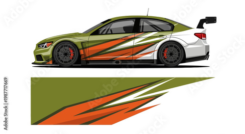 Side view of a racing car with dynamic orange and green graphics.