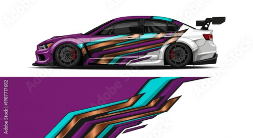 Colorful racing car with abstract graphic wrap and aerodynamic design in a bold street-ready style.