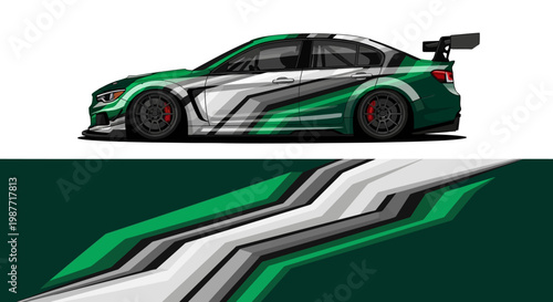 Dynamic green race car illustration with bold stripes and sleek aerodynamic design.
