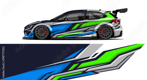 Vibrant blue and green race car with bold graphics and aerodynamic livery on a race track.