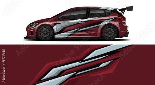 Red sports car with dynamic graphics and racing profile in side view.