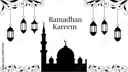 Elegant lanterns and mosque silhouette celebrating ramadan kareem Vector