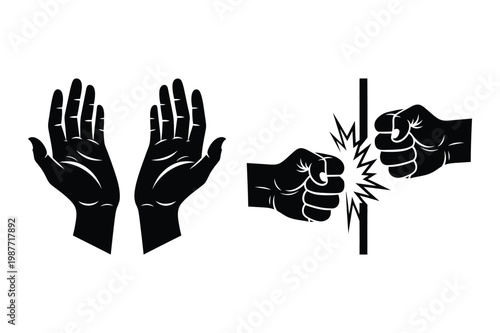 Hands open and fists punching illustration, symbolizing surrender and conflict