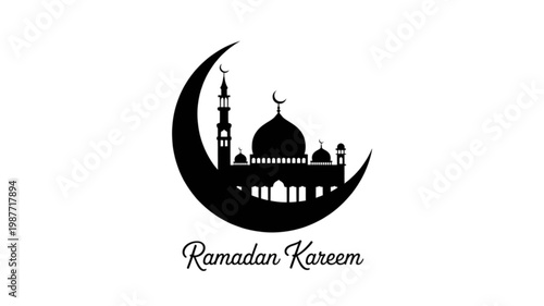 Islamic crescent moon with mosque silhouette and ramadan kareem text Vector