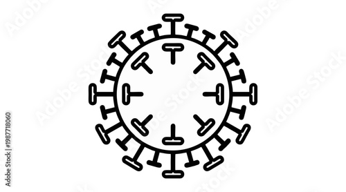 Simple black and white vector illustration of a stylized viral cell design for medical and scientific research health projects