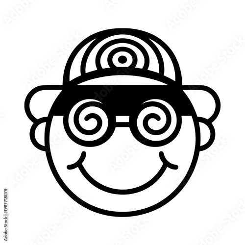 Smiling face character wearing hypnotic glasses and hat