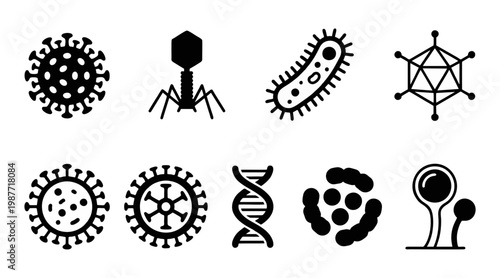 Vector illustration set of microscopic organisms including various viruses, bacteria, DNA, fungi, and mold for biology and medical science design.