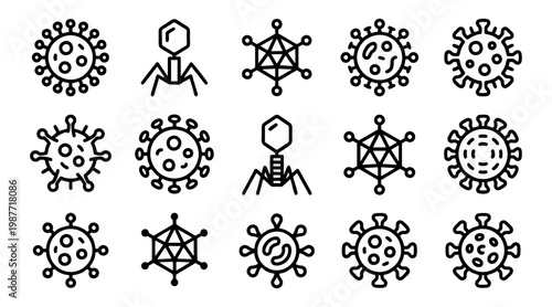 A comprehensive vector illustration set showcasing various microscopic virus and bacteria shapes, perfect for scientific and medical educational graphics.