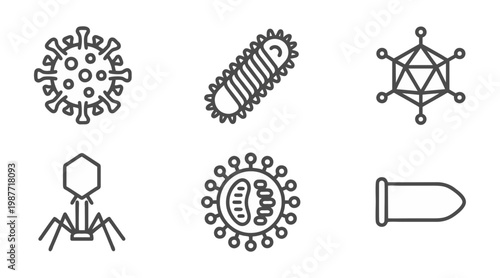 Collection of simple vector line art icons representing various biological virus structures and different microscopic pathogens for modern medical designs