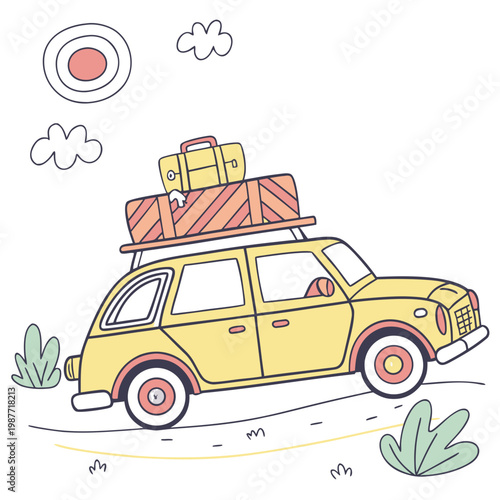 Foto Yellow station wagon carrying luggage under sun.