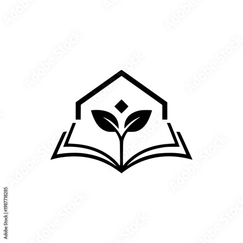 Book house logo with plant sprout minimalist vector design.