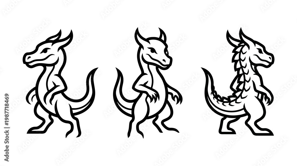Fototapeta premium Cartoon Dragon Line Art Set with Different Details