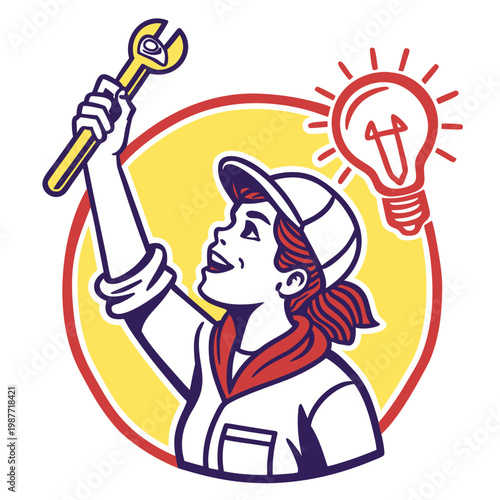 Retro woman with wrench and light bulb idea.
