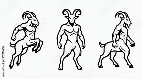 Set of Three Greek Mythology Satyrs on White