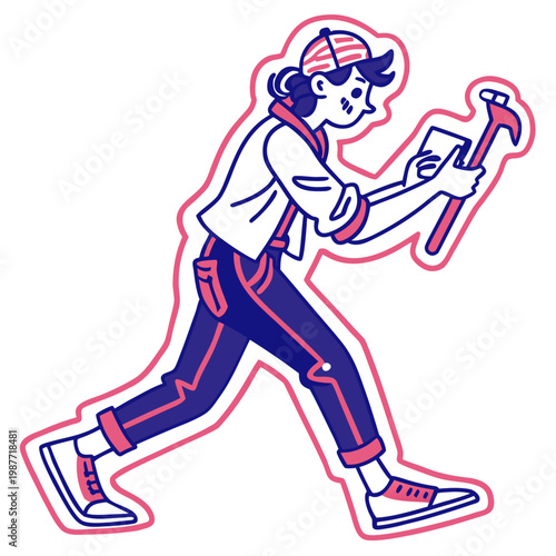 Person walking with hammer and phone, construction.