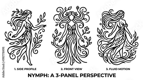 Elegant Nymph in Three Perspectives Line Art Design